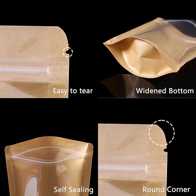 50pcs Kraft Bags With Window Clear Fornt Pouches Resealable Stand Up Zip Lock Food Storage Bags Brown 5.5"x7.8" - Image 8