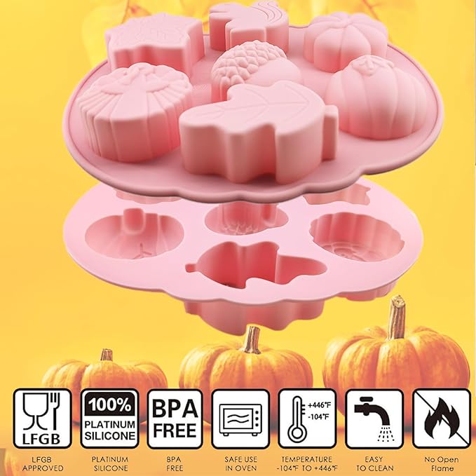 2Pcs 3D Pumpkin Silicone Mold Fall Silicone Mold Halloween Thanksgiving Candy Mold Autumn Maple Leaf Acorn shape Chocolate Candy Cake Pan Baking Tray Molds for Cake Decoration cupcake Topper Resin