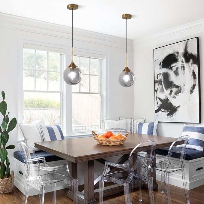 KCO Lighting 2 Pack Brass Gold Small 7.1” Smoky Glass Globe Pendant Lights | E26 Adjustable Cord for Sloped Ceilings, Mid Century Modern Gold Hanging Light Fixture for Kitchen Island Sink Dining Table - Image 6