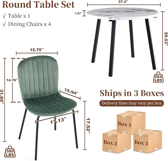 Small Round Dining Table Set for 4 People, 37" Modern Kitchen Table | 5-Piece Set, Faux White Marble MDF table, 4 Green Velvet Chairs, Easy Assembly, Space-saving, Fits Small Dining Room - Image 3
