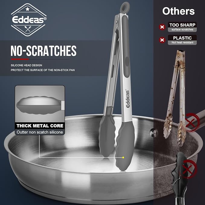Kitchen Tongs Up To 600°F Silicone Tongs for Cooking 7,9,12 in Grey | Heat Resistant 600 Degrees,Heavy Duty Stainless Steel Locking Tong for Cooking with Silicone Tips Non-Stick Grey - Image 3