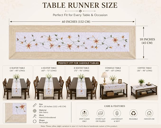 Hand Embroidered Silk Table Runner, White Floral Vine Design with Gold Border, Decorative Table Linen for Dining Table, Coffee Table, Console Table and Home Décor, 60 x 18 Inches - Image 5
