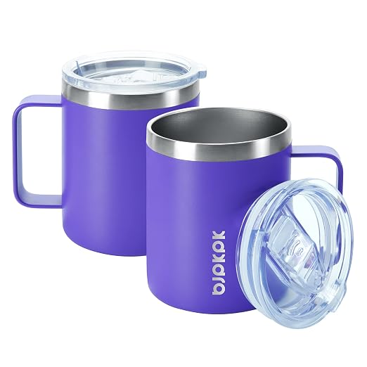 BJPKPK 2PCS Insulated Coffee Mug with Lid, 14oz Stainless Steel Tumbler | Travel Coffee Mug with Handle, Vacuum Insulated Tumbler Cup for Camping, Office, Home, BPA Free Lid, Hot & Cold by BJPKPK