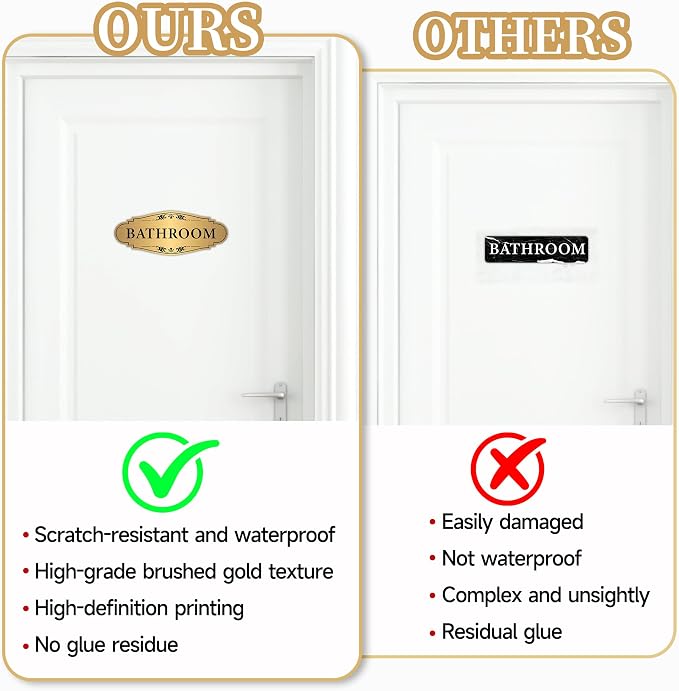 Bathroom Sign Sticker for Business and Home，Self-adhesive Brushed Gold Bathroom Decor for Door，Waterproof Vinyl Restroom Sign for House, Office, Shop - Image 4