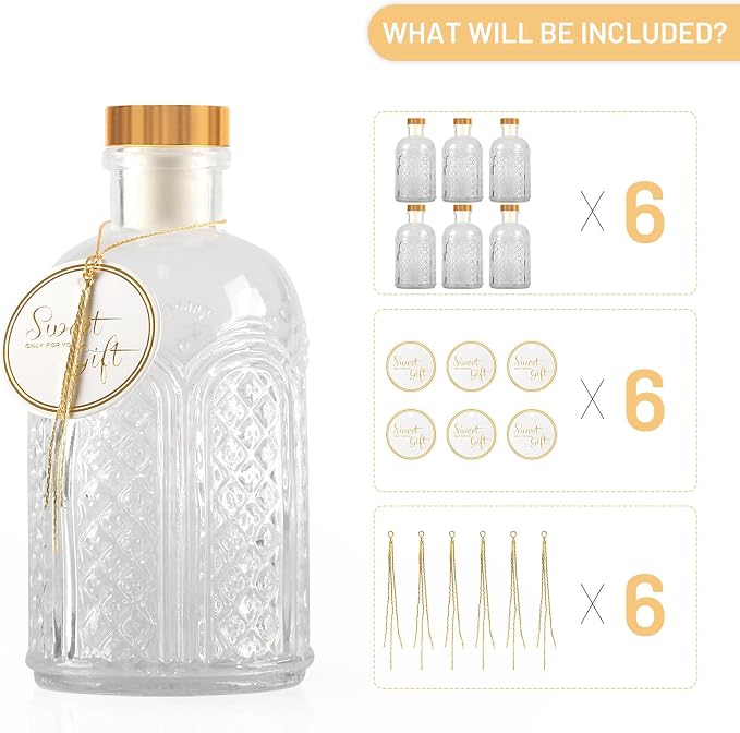 Clear Glass Bottles - 7 oz Pack of 6 Heavy Base Glass Bottles with Gift Labels and Decorations for Oil Vinegar Kombucha Wine Drinks Beer Water Soda with Gold Airtight Lid 7oz - Image 3