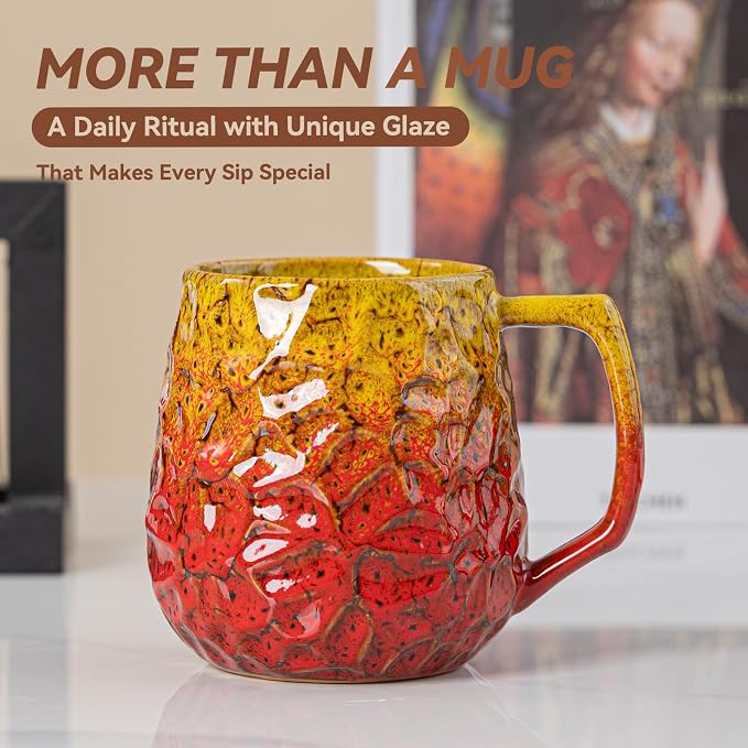 18oz Unique Yellow & Red Kiln-Change Ceramic Coffee Mug, Handcrafted Hammered Texture Ceramic Mug with Ergonomic Handle, Microwave & Dishwasher Safe, Gift for Coffee Lovers, Home Office Daily Use - Image 7