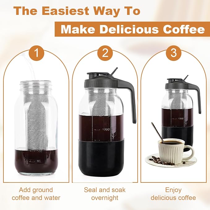 Cold Brew Coffee Maker, 64oz Mason Jar Pitcher with Stainless Steel Filter, Leak-Proof Lid with Pour Spout & Handle, Heavy Duty Glass Iced Coffee Tea Brewer with Protective Silicone Sleeve-Black - Image 7