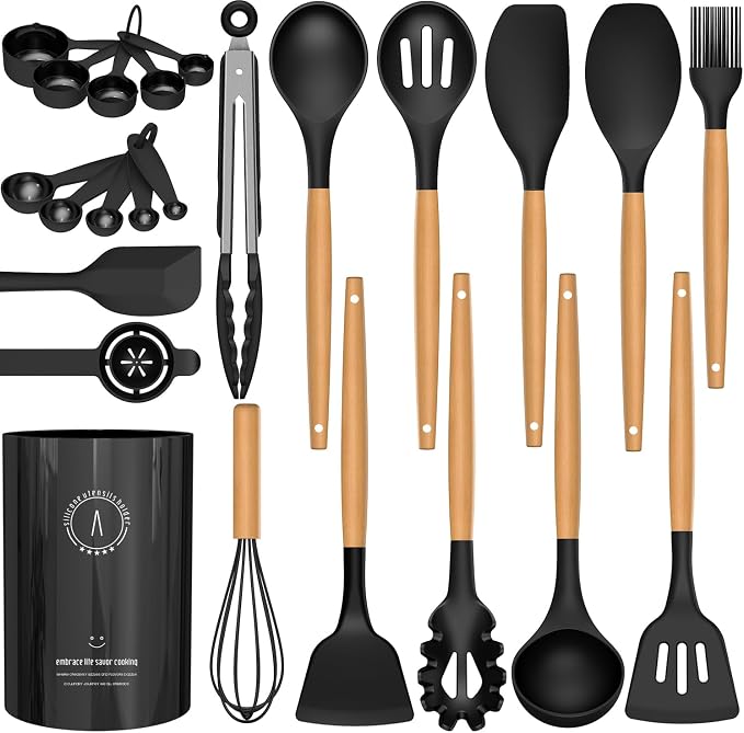 Silicone Cooking Utensils Set - AVGPD Silicone Kitchen Utensils for Cooking Wooden Handles, 446°F Heat Resistant Kitchen Utensil Spatula Sets, Gadgets for Non-Stick Cookware BPA FREE (Black) - Image 9