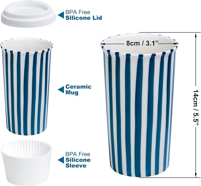 Ceramic Travel Mug with Lid (12 oz) – Cute Aesthetic Coffee Cup for Women & Men, Microwave & Dishwasher Safe, Spill-Resistant To Go Tumbler, Fits Car Cup Holder (Blue) - Image 2