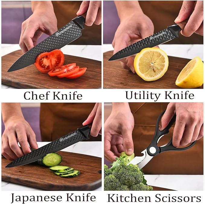 Kitchen Knife Set, Retrosohoo 6-Pieces Khaki Sharp Knife Block Set for Kitchen, Non-stick Non-slip Stainless Steel Chef Knife Set with Universal Knife Block Suitable for Home Restaurant (Black) - Image 3