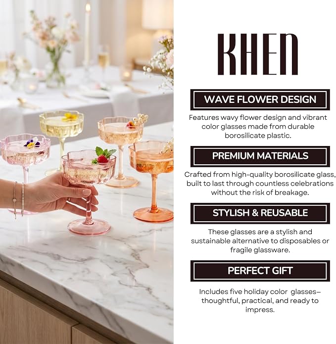 Summer Flower Scalloped Vintage Wavy Petals Wave Glass Coupes 7oz Colorful Martini, Champagne & Cocktails, 5 Set Colored Rippled Champagne Glasses, Elegant Bar Glassware, Aesthetic Coupe Glassware - Image 5