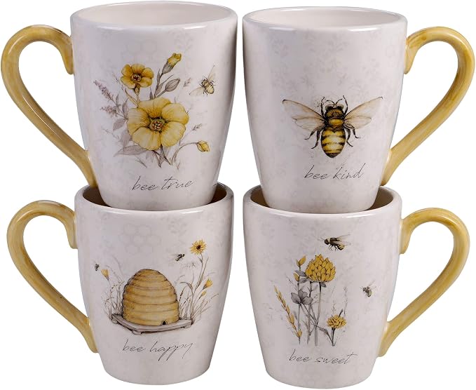 Bee Sweet Set of 4 Large Ceramic Mugs – 22 oz Coffee, Tea, Hot Cocoa Cups with Farmhouse Bee & Floral Design, Rustic Oversized Mugs with Comfort Handle – Microwave & Dishwasher Safe by CERTIFIEDINTERNATIONAL