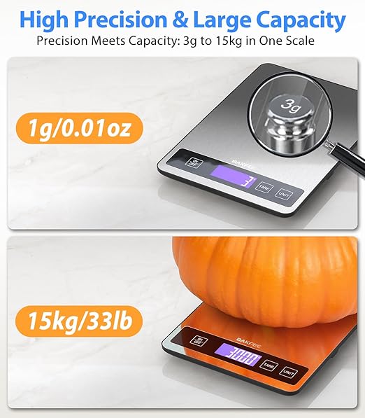 Food Scale for Kitchen, 15 kg/33 lb, Splash-Resistant Stainless Steel, Full-View LCD Display, Easy to Clean, 6 Units, Tare Function, Precise for Baking, Cooking & Meal Prep, Grey