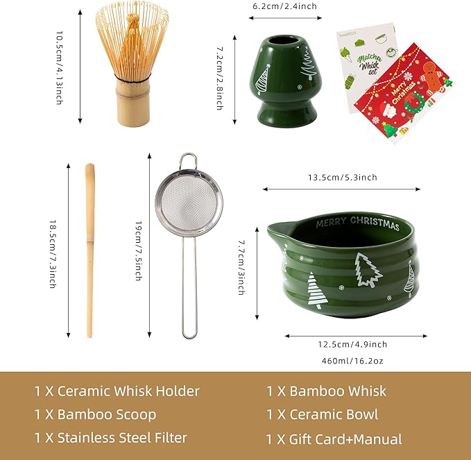 5pcs Premium Matcha Set,Ceramic Bowl with Spout and Bamboo Whisk set, Ceremonical Matcha Kit for holiday,Tea Starter Making Kit,Christmas Matcha Gift set (Christmas Tree)