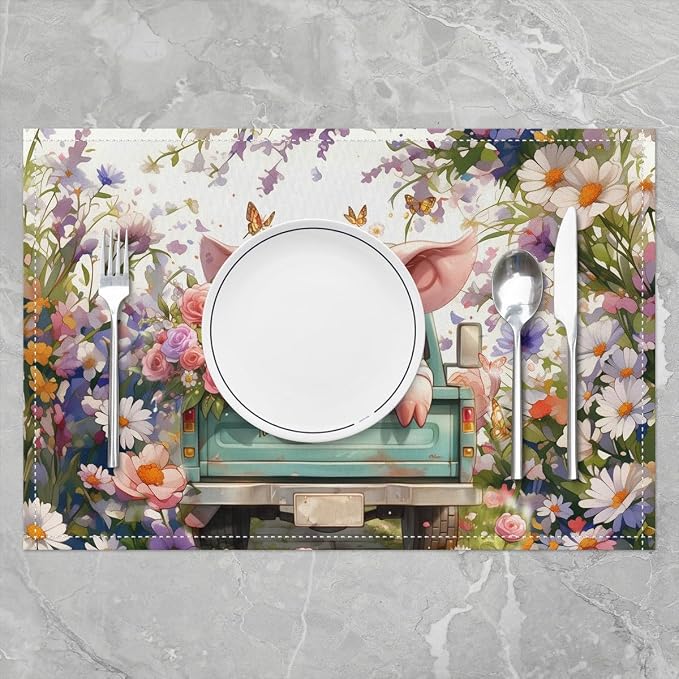 Feelyou Pink Pig Table Mats Placemat Cartoon Pigs Placemats Set of 4 Lovely Animal Placemats for Dining Table Indoor Outdoor Kitchen 12"x18" Farm Flower Decor Table Place Mats - Image 2