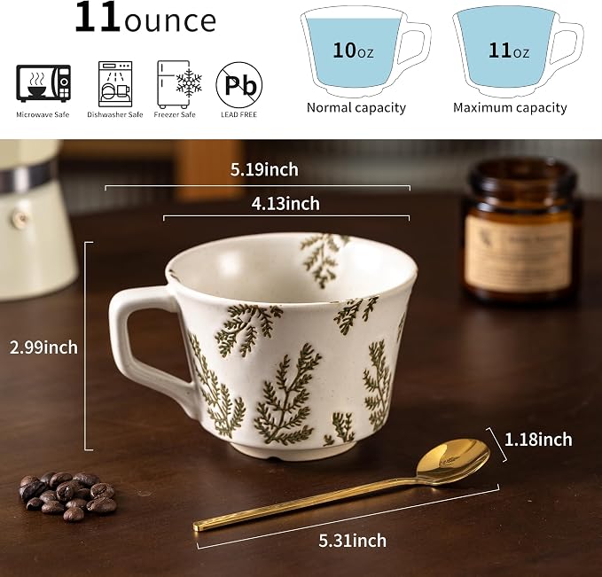 Mug Set of 2 Coffee Mugs Set 11 Ounce, Porcelain Cups for Latte, Hot Tea, Cappuccino, Cocoa, Soup, Dishwasher, Microwave Safe, Christmas Gift Set (Bean leaf & Vines) - Image 4