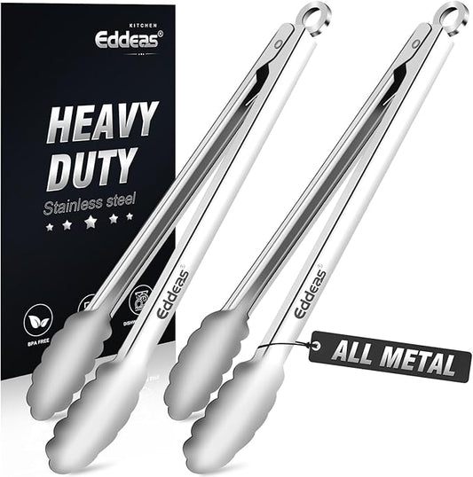 2 PCS 12 Inch Tongs for Cooking Heavy Duty All Metal Kitchen Tongs | Heat Resistant 600 Degree, All Stainless Steel Food Tongs,Non-Slip handle, Salad, Grilling, bbq, Dishwasher safe by Eddeas