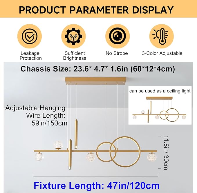 ORANOOR LED Gold Chandeliers, 47in Dimmable Modern Chandelier Pendant Light | Linear Ring Globe Pendant Lights Fixtures Gold Dining Room Light Fixture Ceiling Hanging for Kitchen Island Dining Room - Image 5