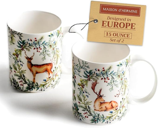 Maison d' Hermine Coffee Mug with Handles Tea Cups (15 Ounce, Pack of 2) | Fine Bone China Coffee Mugs for Hot Beverages Cappuccino Latte Home Restaurant Hotel Spring Summer -Holly Time by MaisondHermine