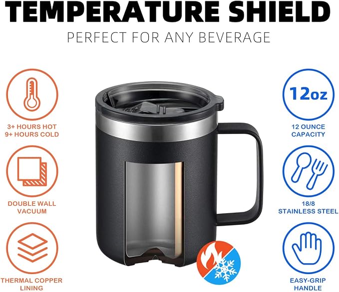 12 oz Insulated Travel Coffee Mug with Handle, Black | Stainless Steel Coffee Tumbler with Lid, Double Wall Vacuum Thermal Cup for Camping - Image 4