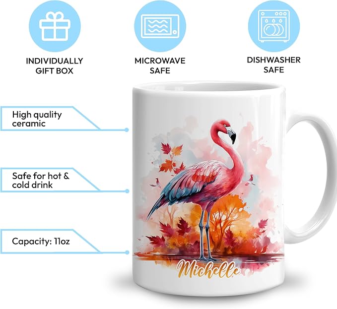 Hyturtle Personalized Fall Flamingo Maple Leaves Coffee Mug, Autumn Décor | Birthday Gifts For Flamingo Lovers - Fall Gift Ideas For Farmhouse Thanksgiving Custom Name 11oz White Ceramic Coffee Tea Mug - Image 3