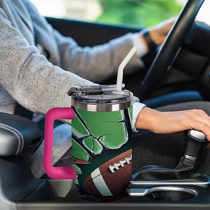 Football Impact on Cracked Glass Tumbler with Handle Insulated Water Travel Coffee Mug Bottle with Lid And Straw Stainless Steel Leak Proof Vacuum Insulated Cup 40 OZ