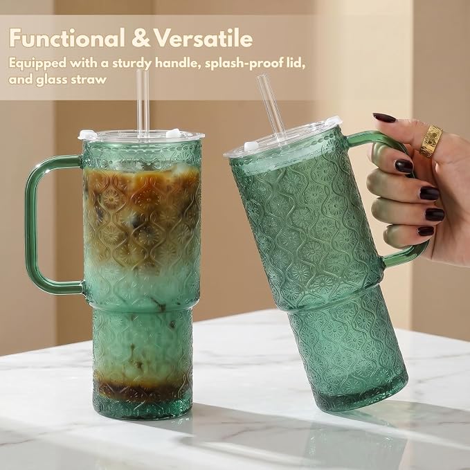 20 oz Green Glass Tumbler with Lid and Straw, Glass Iced Coffee Cups, Spill-proof Glasses Tumbler with Handle, Hobnail Glasses Drinking Set of 4, Vintage Glassware for Cocktail, Smoothies - Image 2