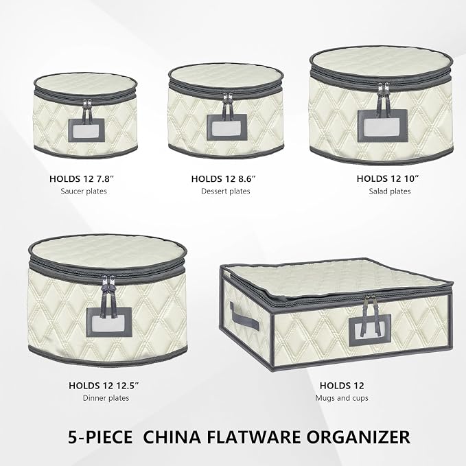 5 Pack China Storage Containers Set (Beige) - Sturdy Quilted Wine Glass & Dish Storage with Dividers - Compact Size - Image 2