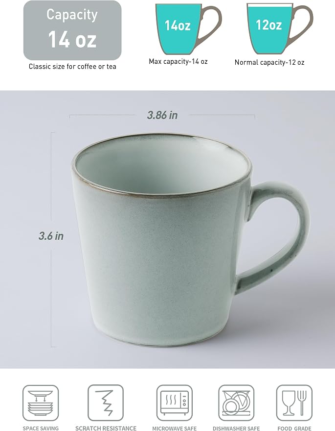 famiware Coffee Mug Set of 4, Annecy 14 oz Ceramic Reusable Cups Set with Handle, Microwavable and Dishwasherable Stoneware Drinkware Set for Tea, Milk, Water, Grey-blue - Image 2