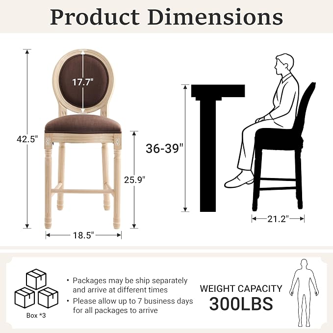 French Country Barstool, Linen Farmhouse Counter Height Chair | Set of 6, with Cushion Round Back and Solid Wood Legs, Oval Chairs for Restaurant, Bar, Kitchen, Café, Brown - Image 3