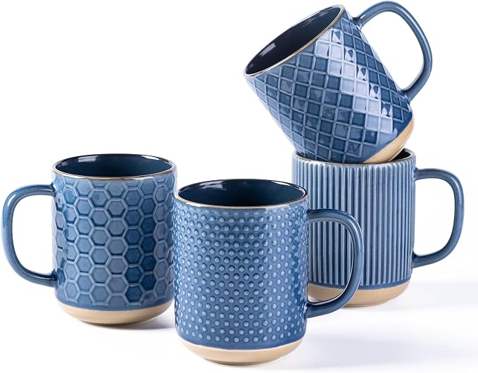 GBhome Large Coffee Mugs Set of 4, 16oz Handmade Stoneware Coffee Mugs Set with Large Handle for Cappuccino/Latte/Tea/Hot Cocoa, Dishwasher & Microwave Safe, Moonlight Blue by GBhome