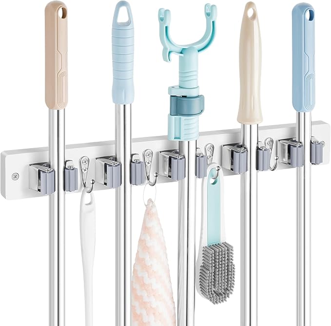 OUTNILI Mop and Broom Holder Wall Mount - White Broom Mop Hanger - Wall Mounted Garden Tool Rack Organizer for Closet Garage Laundry Room Kitchen Decor With 5 Slots & 4 Hooks by OUTNILI