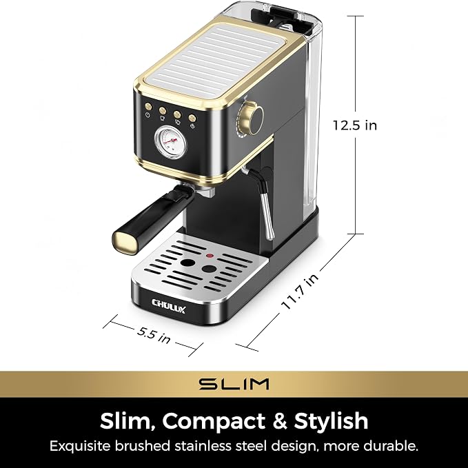 CHULUX Slim Espresso Machine with Milk Frother for Home Latte, Black & Gold | Precise Pressure Gauge, Food-Grade Materials, 20 Bar Italian Pump, Professional Temperature Control System, Stainless Steel - Image 8