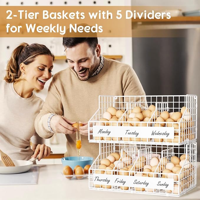 keomaisyto Fresh Egg Holder with 5 Dividers to Separate Eggs for a Week, 2 Tier Stackable Wire Baskets for Gathering Eggs, XXL Egg Rack for Countertop/Wall-Mounted, With DIY Labels, White - Image 6