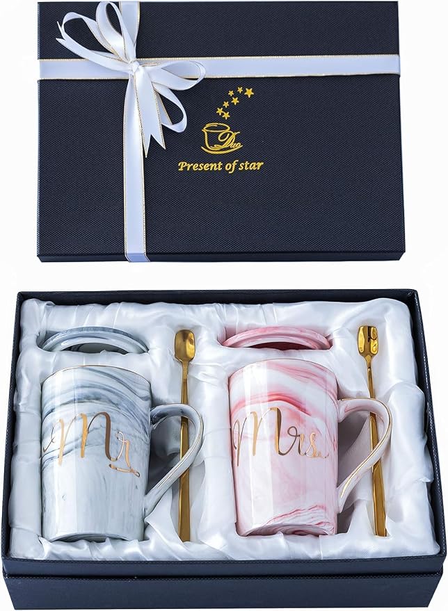 Jumway Wedding Gifts for Bride and Groom, Gifts for Bridal Shower Engagement Wedding and Married Couples Anniversary - Ceramic Marble Coffee Mugs with Real Gold Mr/Mrs Letters 14 Oz Pink by Jumway