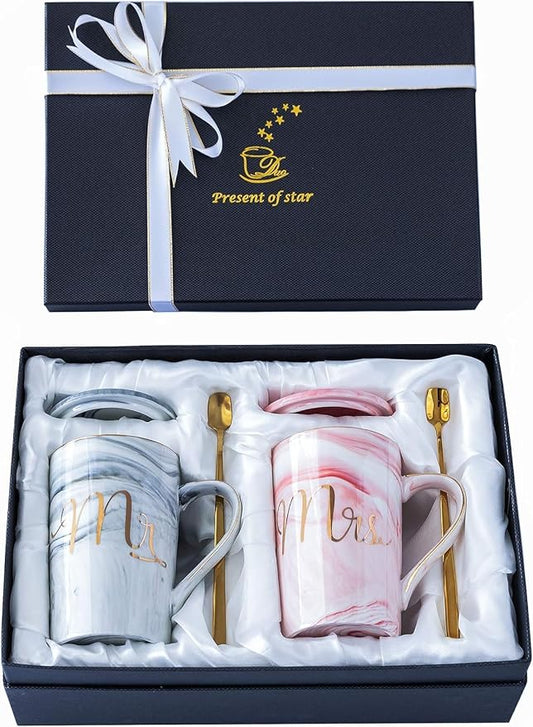 Jumway Wedding Gifts for Bride and Groom, Gifts for Bridal Shower Engagement Wedding and Married Couples Anniversary - Ceramic Marble Coffee Mugs with Real Gold Mr/Mrs Letters 14 Oz Pink by Jumway