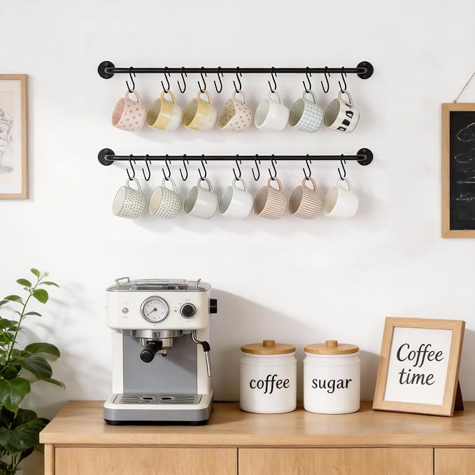 Mkono Wall Mounted Mug Holder, Coffee Cup Hanger Rack with 20 Hooks, 2 Pack | Kitchen Rod, Space Saving, Easy Assembly, Wall & Under Cabinet, Durable Metal, Kitchen Dining Bar Organizer, Multi-Function - Image 3