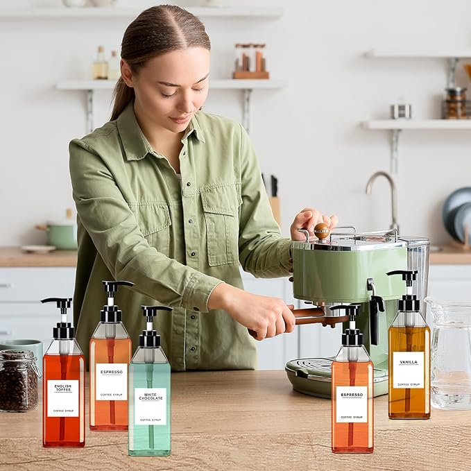 Nuogo 6 Pcs Coffee Syrup Dispenser Set 300ml, 500ml, 750ml Black Syrup Bottles with Pump Dispenser 27 Labels Kitchen Accessories(25.4 oz)
