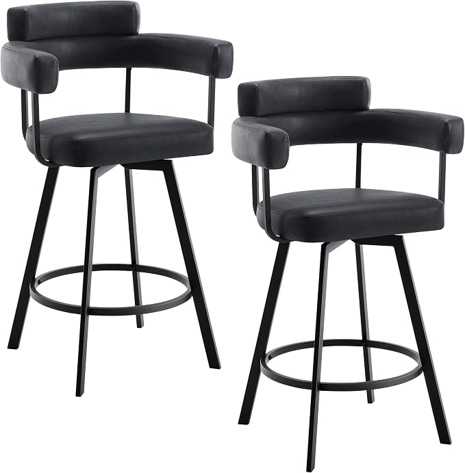 Flouki Swivel Bar Stools with Backs and Arms, Modern Faux Leather Counter Stools Set of 2 for Kitchen Island, 26" Upholstered Counter Height Bar Stools for Kitchen Counter, Dining Room, Black - Image 7