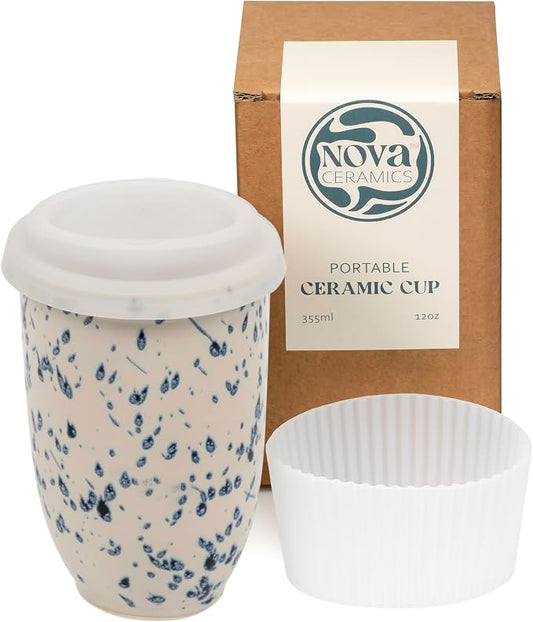 NOVA CERAMICS Travel Mug - Travel Size Mug – Reusable Coffee Mug Unique to Go Mug – Microwave & Dishwasher Safe Coffee White & Blue Tumbler - Gifts for Women Men Him Her – 12oz – Orchid by NovaCeramics