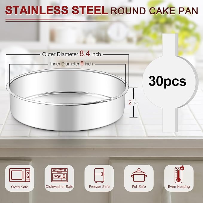 LIANYU 8 Inch Round Cake Pan, Circle Layer Cake Tin for Baking | Stainless Steel Bakeware with 30 PCS Parchment Paper, Baking Pan for Birthday Wedding Party, Mirror Finish, Dishwasher Safe - Image 2