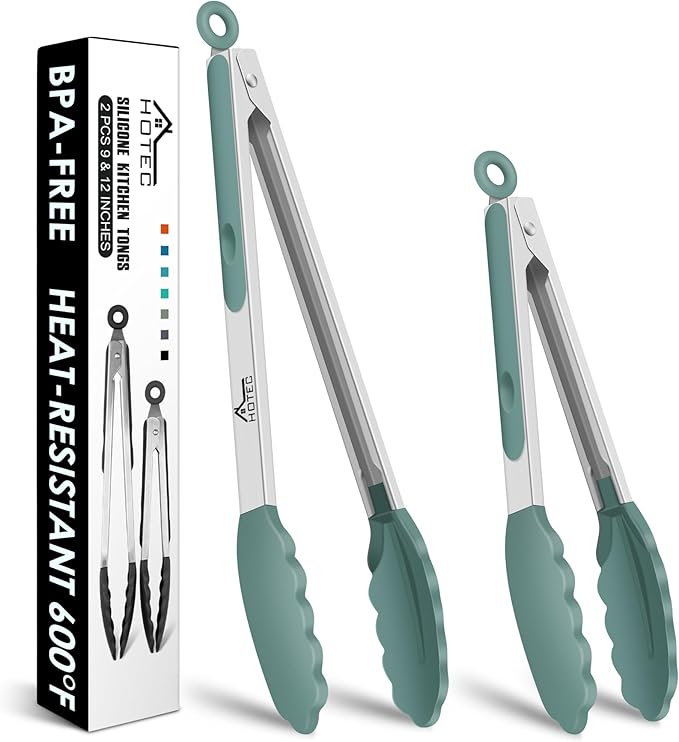 HOTEC Premium Stainless Steel Locking Kitchen Tongs with Silicon Tips, Set of 2-9" and 12", Sage Green by Hotec