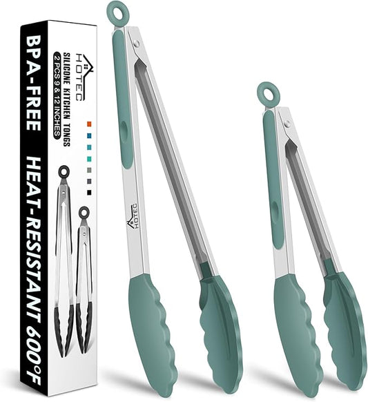 HOTEC Premium Stainless Steel Locking Kitchen Tongs with Silicon Tips, Set of 2-9" and 12", Sage Green by Hotec