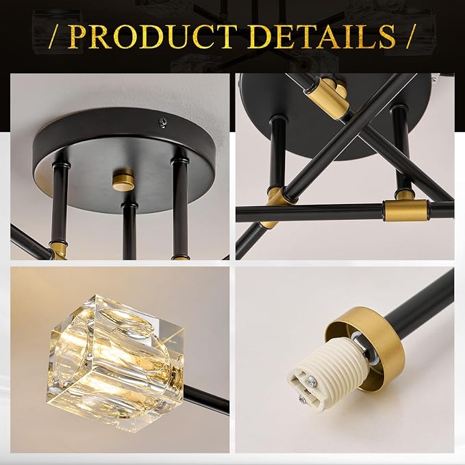 Black Gold Crystal Semi Flush Mount Ceiling Light Fixture Industrial 26" Sputnik Chandeliers 6 -Light Modern Chandelier for Foyer Entryway Kitchen Bedroom Living Room Dining Room - Image 8