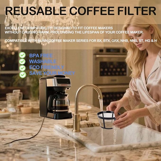 Reusable Coffee Filter, Fits BUNN Coffee Maker and Brewer Replaces your Coffee Filter 8 10 12 Cup Basket and Permanent Coffee Filter (2PCS)