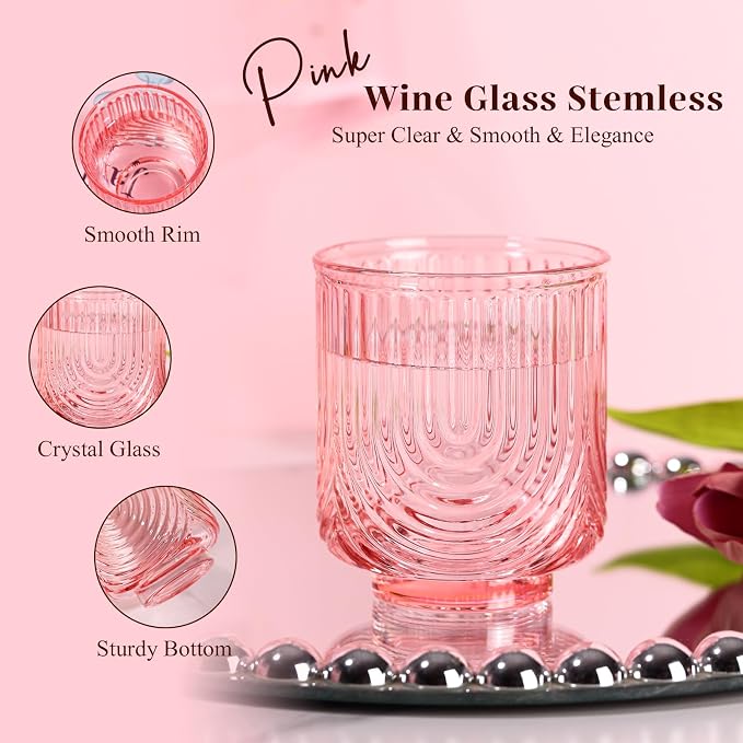 Pink Vintage Drinking Glasses Set of 6-15oz Hand-Blown Highball Ribbed Glassware, Arch Design Cocktail Glasses for Whiskey Water Beverages Ice Coffee Juice Milk - Image 4