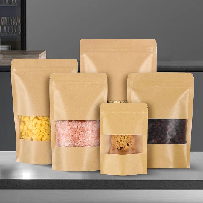 Kraft Paper Bags with Transparent Window, Stand Up Pouches Smell Proof Bags | 100 Pcs 6x9 Inch Resealable Bags for Small Business, Zipper. Food Storage, for Packaging Snacks Cookies Candy - Image 7