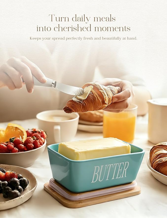 Ceramic Butter Dish with Lid and Knife & Silicone Seal for Countertop Green | Suitable Capacity, Great Sealing, Home Decor Kitchen Gift Housewarming Gift - Image 5