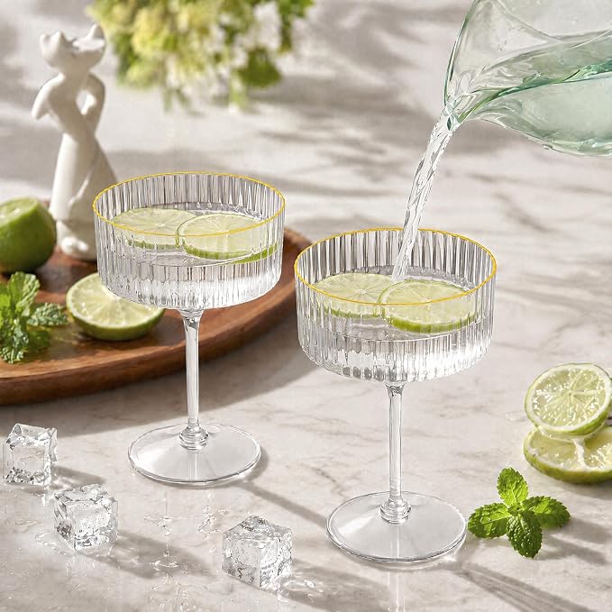 50 Pcs Ribbed Martini Glasses Bulk 10oz Champagne Martini Glasses Plastic Gold Rim Espresso Martini Glass Vintage Coupe Glass Margarita Glasses Disposable Clear Glassware Dessert Cup for New Year - Image 5