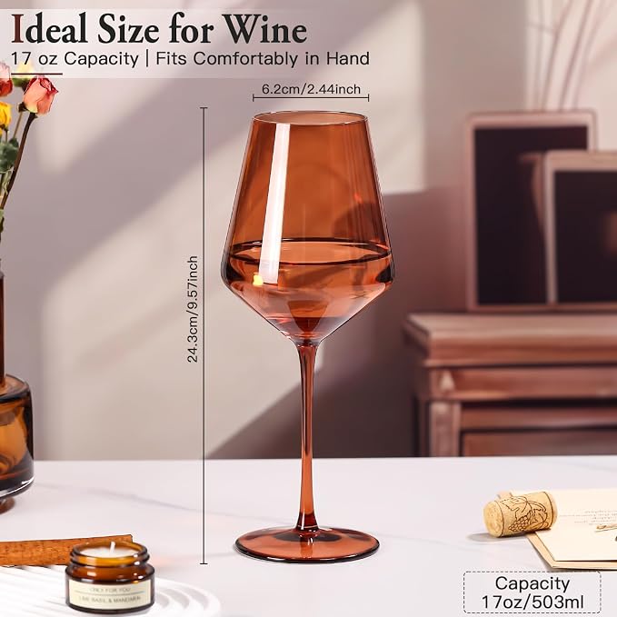 Brown Wine Glasses Set of 6, Handblown Wine Glasse,Amber Coloful Glassware,17OZ for Red or White Wine,Wedding Gift, Anniversary, Christmas, Mothers Day Gifts,Gifts for My Wife - Image 4